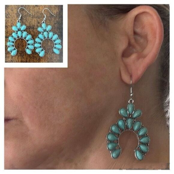 Western Cluster Earrings – Turquoise Accents, 2.5” Drop, Zuni Style Crescent - Picture 4 of 9